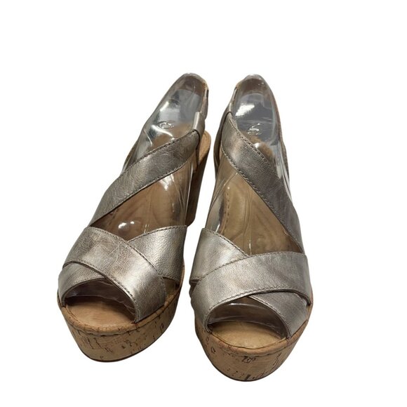 Born Venetia Metallic Wedge Sandals With Cork Heel & Open Toe Womens Size 9 - Picture 2 of 7